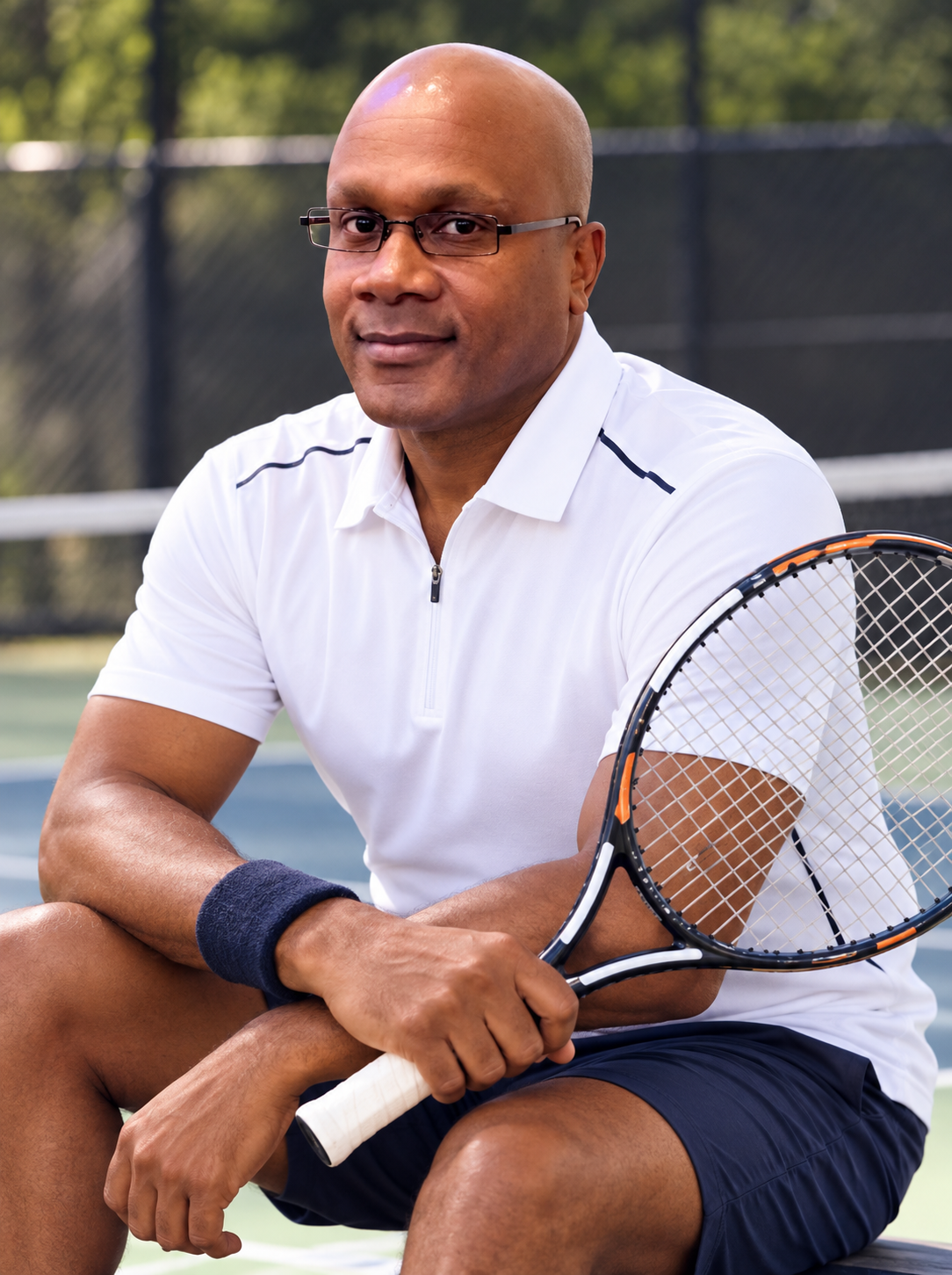 Coach Dexter Christian seated courtside holding his tennis racket